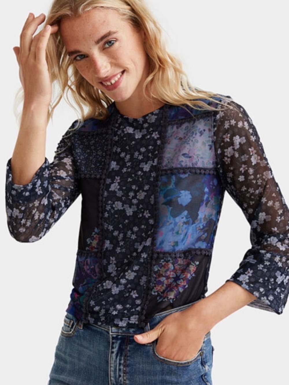 DESIGUAL patchwork floral mesh long sleeve top boho cottagecore size M